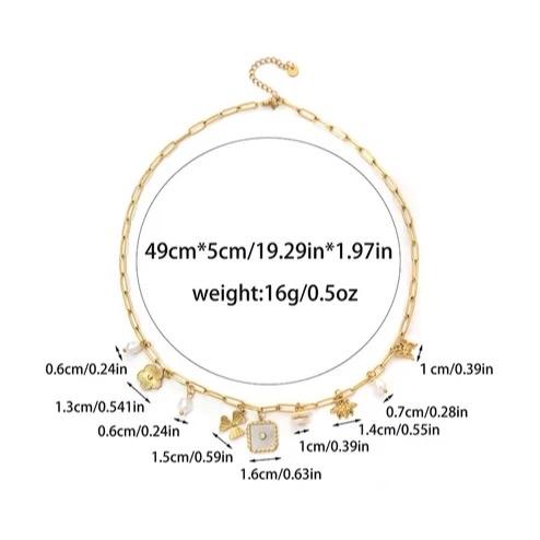 Summer Charm Necklace- Stainless Steel Zircon 18K Gold Plated Plating Inlay Multi Charms Necklace Paperclip Chain