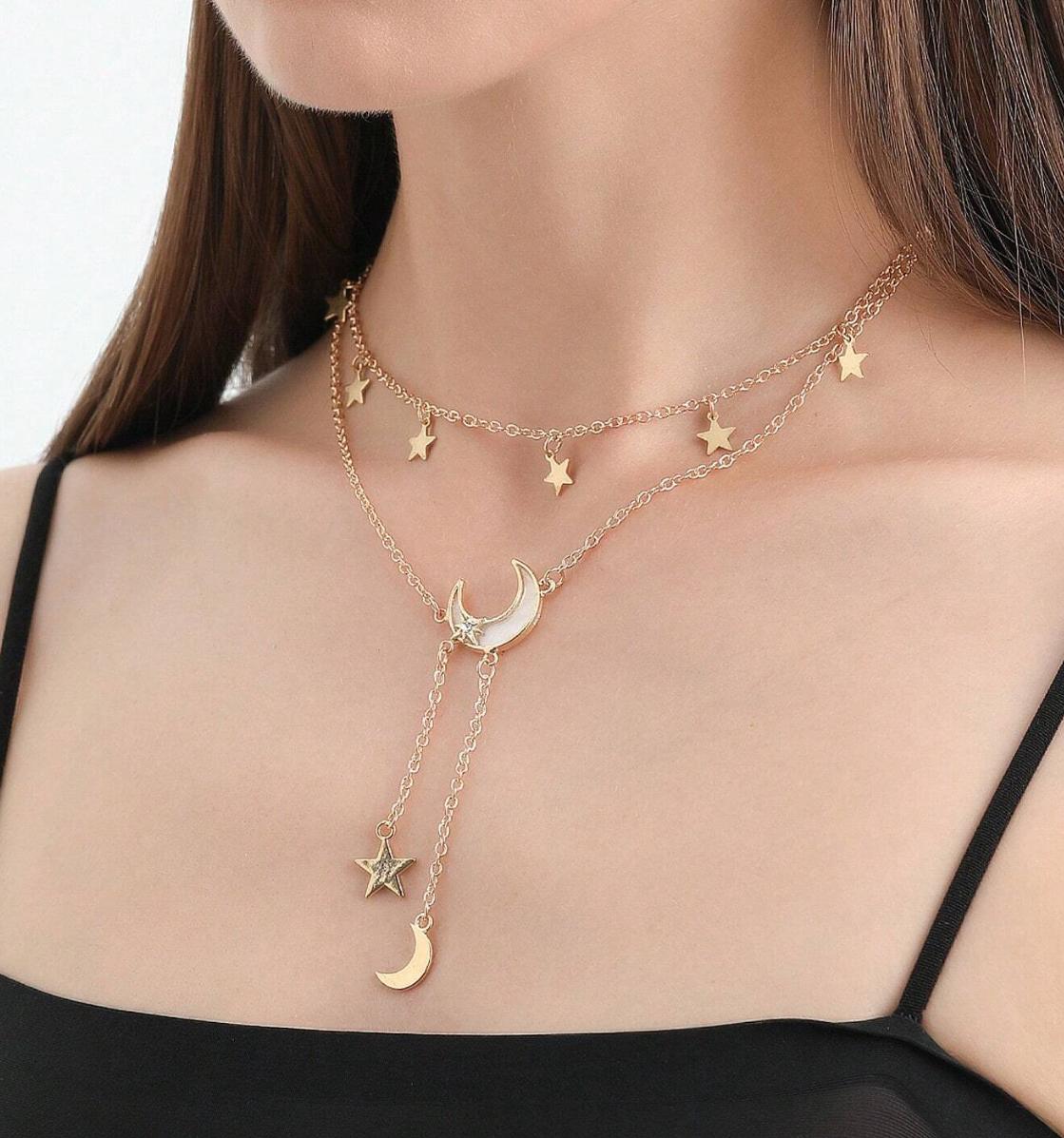 To Moon Necklace - White Shell Star & Moon Design Stainless Steel Tassel Pendant Necklace