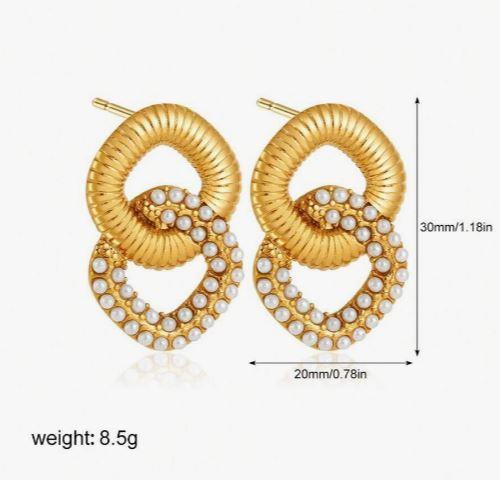 1 Pair Stainless Steel Faux Pearl Double Ring Square Combination Earrings, Inlaid With Zirconia Stone