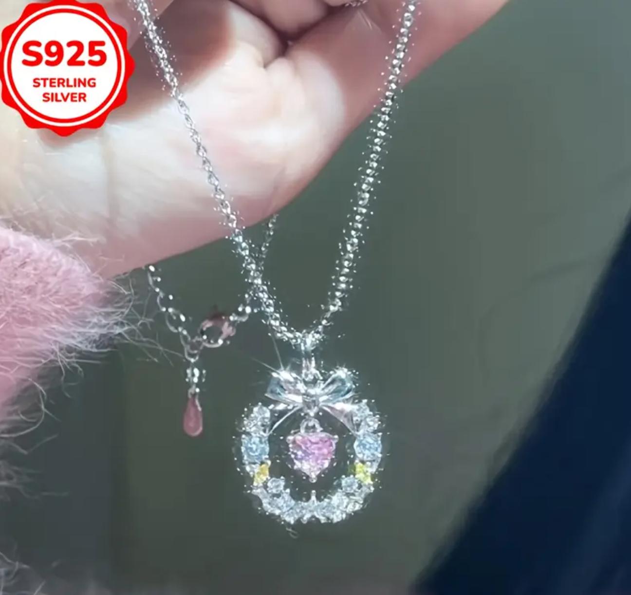 Bow Heart Necklace - 925 Silver Plated Necklace with Synthetic Zirconia, Love Wreath & Bowknot Design, Versatile Sweater Chain for Women