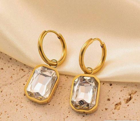 1pair European & American Style Golden Color Micro Inlaid Earrings, Stainless Steel Rectangular Cut Rhinestone Dangle Earrings Suitable For Girls And Women To Wear Daily