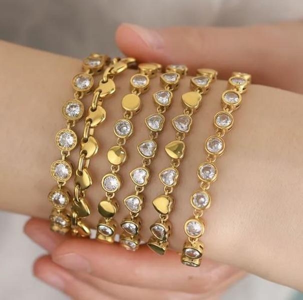 PVD Coated 18K Gold Real Gold Plated Round Heart Shape 304 Stainless Steel Sweet Shiny Waterproof Non Tarnish 304 Stainless Steel Lobster Trigger Clasp Closure Bracelets