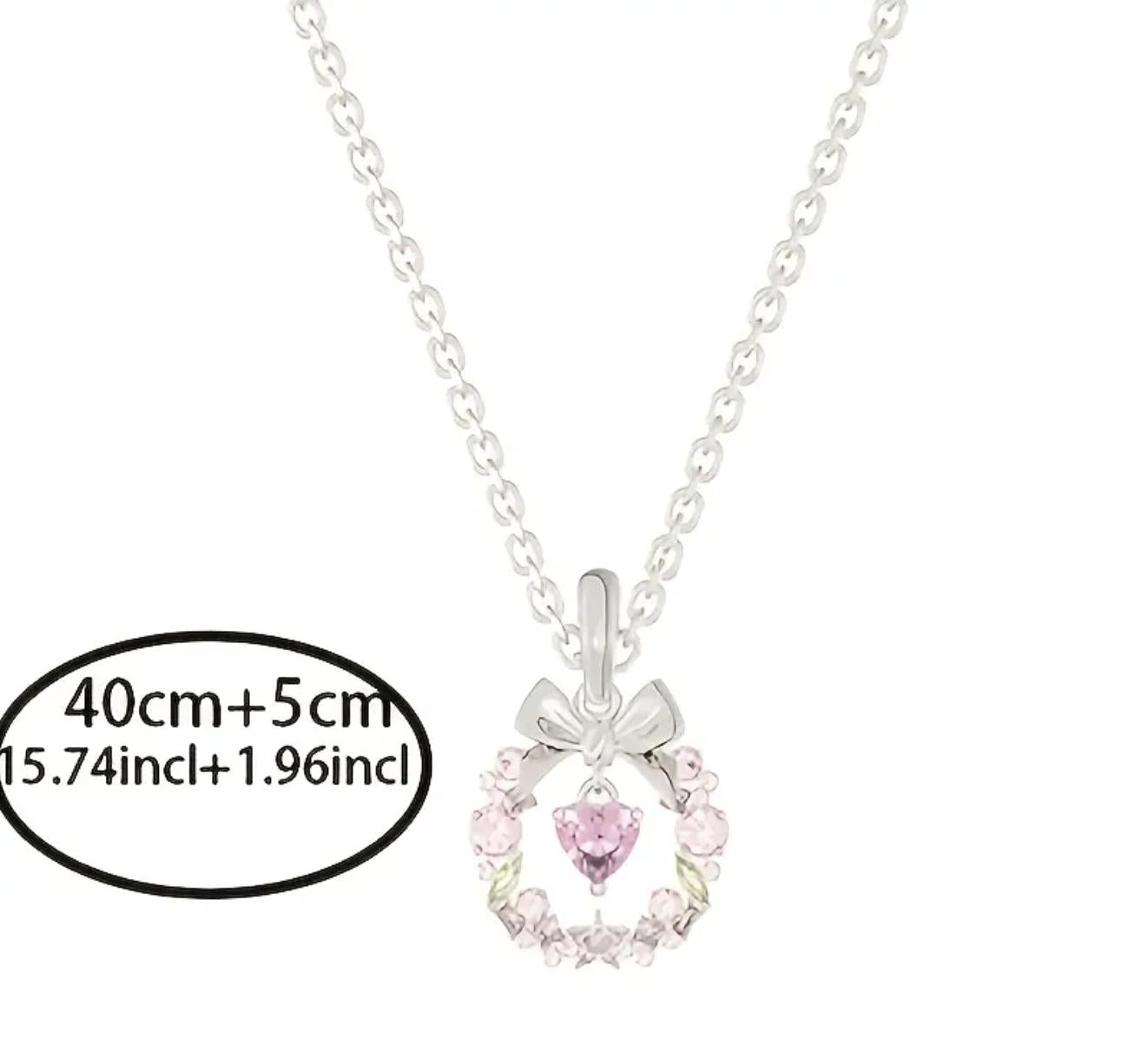 Bow Heart Necklace - 925 Silver Plated Necklace with Synthetic Zirconia, Love Wreath & Bowknot Design, Versatile Sweater Chain for Women