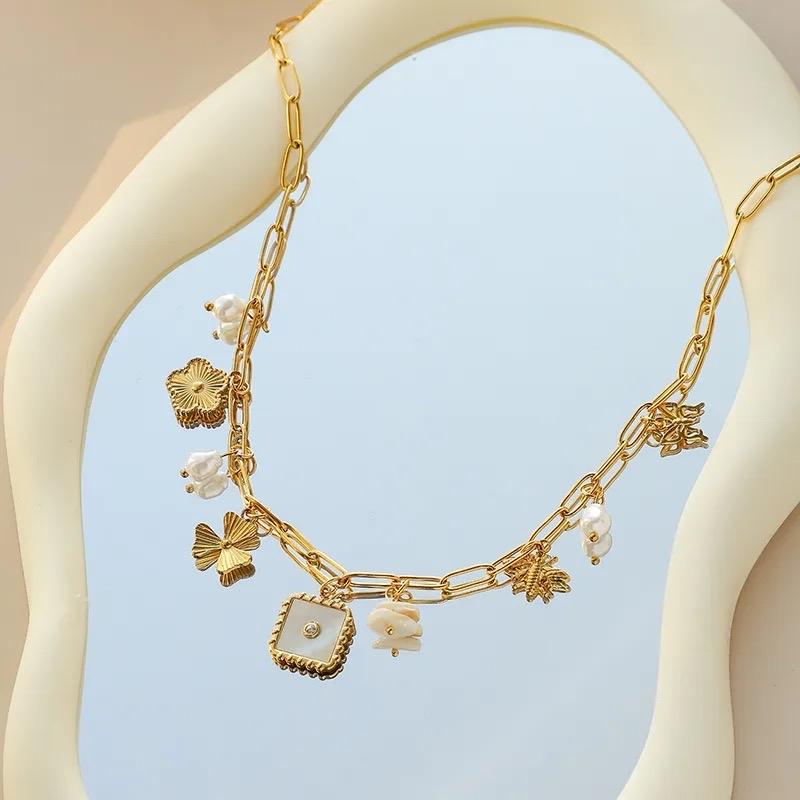 Summer Charm Necklace- Stainless Steel Zircon 18K Gold Plated Plating Inlay Multi Charms Necklace Paperclip Chain