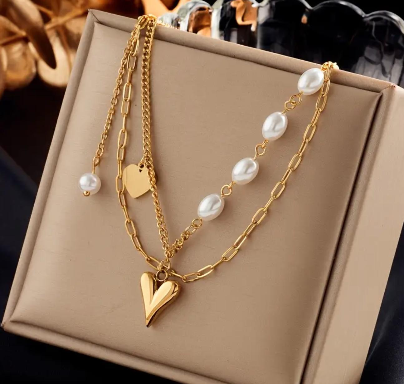 Pearl Necklace - Stainless Steel Necklace Golden Heart Shaped White Beads Pendant Necklace Multi Layer Chain