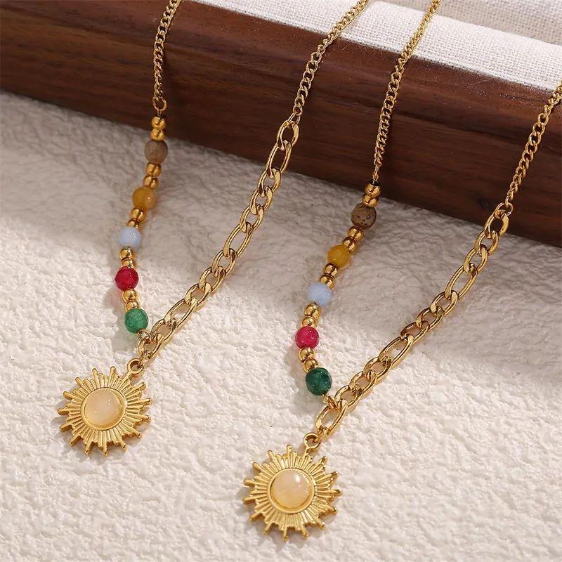 Natural Sunstone Pendant Necklace In Stainless Steel