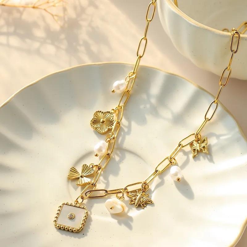 Summer Charm Necklace- Stainless Steel Zircon 18K Gold Plated Plating Inlay Multi Charms Necklace Paperclip Chain