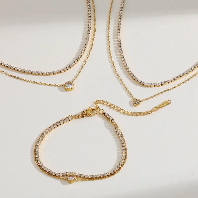 Tennis Necklace set - Stainless steel necklace and bracelet with heart