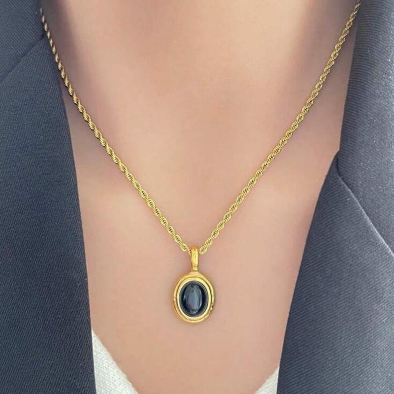 Cat Eye Necklace - Stainless Steel Rope Chain Necklace with Unique Cat Eye Stone Pendant