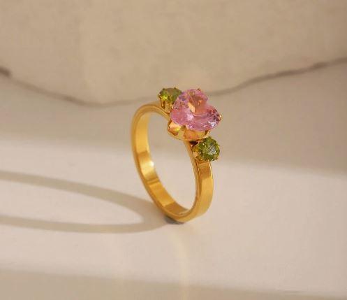 Pinky Ring-  Stainless Steel 18k Plated, Colorful Shiny Heart Shape Crystal Ring Set.