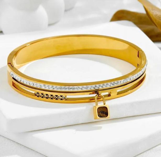Lock Me Bangle - Stainless Steel Zircon Bangle  Padlock Gold S/M Wrist