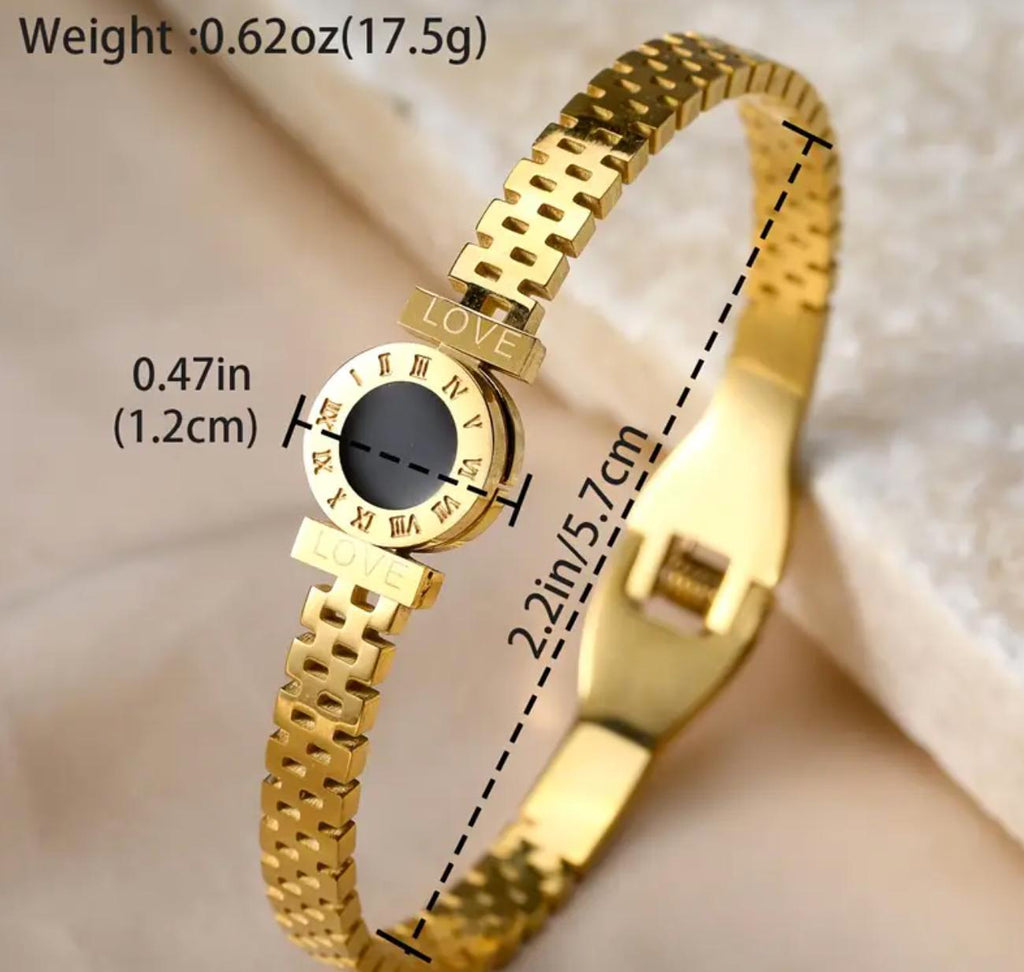 Roma Bangle - Stainless Steel Bracelet, Glittering Black Dial with Roman Numerals, Geometric Design