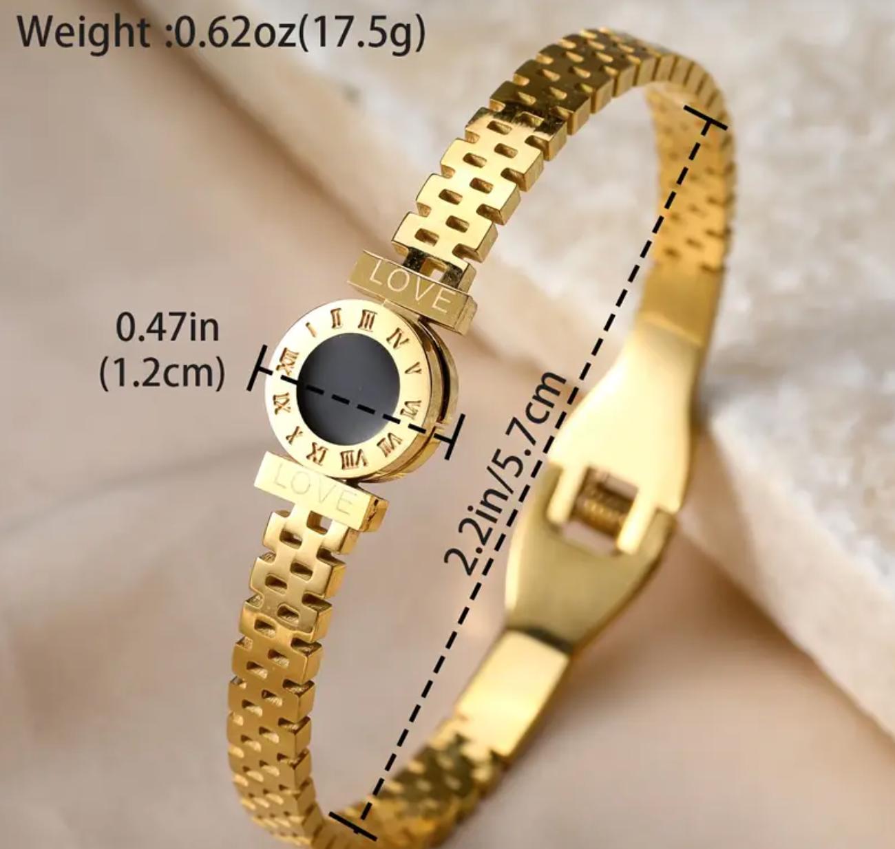 Roma Bangle - Stainless Steel Bracelet, Glittering Black Dial with Roman Numerals, Geometric Design