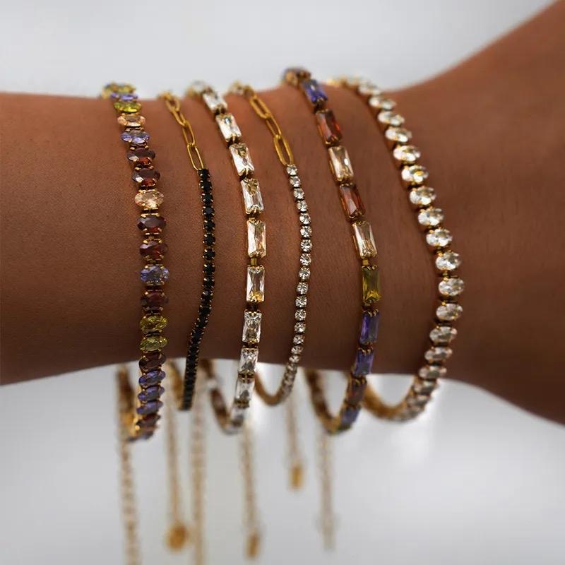 Almond Tennis Bracelet- oval Stainless Steel 18K Gold Plated Synthetic Zircon Cable Chain Bracelets