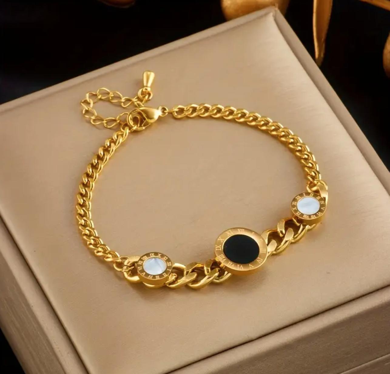 Roman Coin bracelet - Stainless Steel Roman Numeral Coin Link bracelet, Unisex, No Plating, Resin Inlay, for Daily Wear