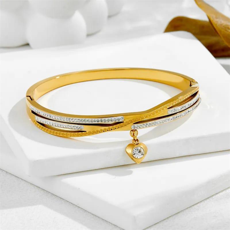 Heart Charm Bangle - Stainless Steel Zircon Bangle