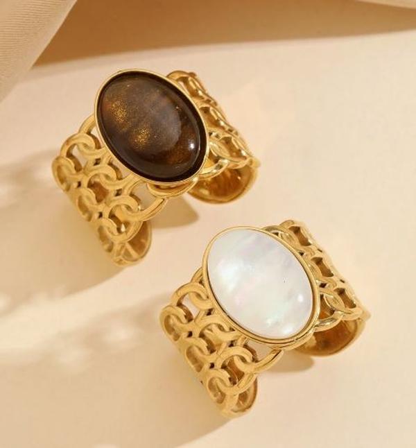 Bold Rings - Stainless Steel Fashion Gorgeous Golden Ring, Brown And White Cat's Eye Gemstone Open Ring Set, Suitable For Women's Daily Wear