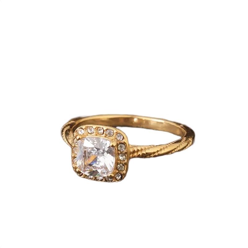 Sonia Ring - Plated Stainless Steel Cubic Zirconia Fortress Shape Large Square Spiral Ring