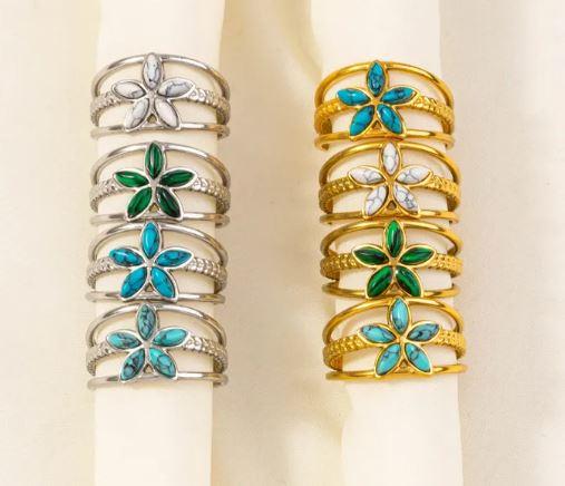 Flower Rings -  Stainless Steel 18K Gold Plated Geometric Flower Artificial Gemstones Imitating Stone Open Rings