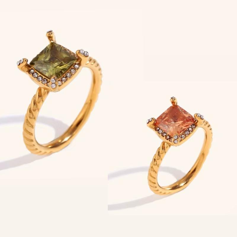 Met Gala Ring - Stainless Steel Rings with Square Gemstones and Sparkling Accents