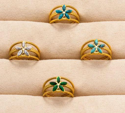 Flower Rings -  Stainless Steel 18K Gold Plated Geometric Flower Artificial Gemstones Imitating Stone Open Rings