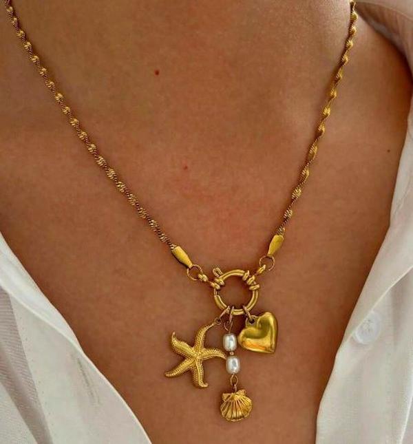 1pc New Starfish & Shell Faux Pearl 3-Way Wear Stainless Steel Necklace For Women