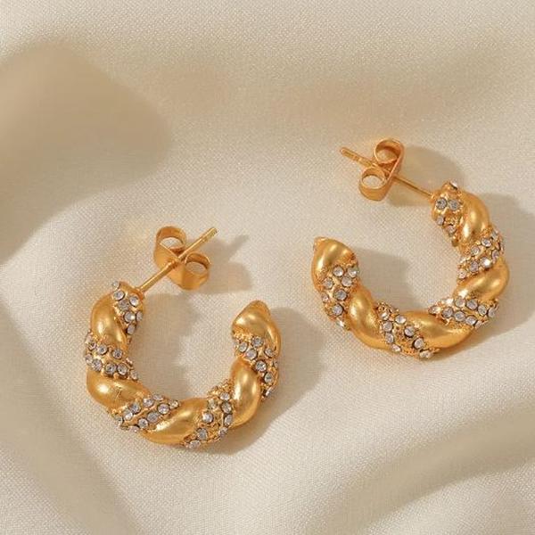 Croissant Hoop-  Stainless Steel Zircon 18K Gold Plated Earrings