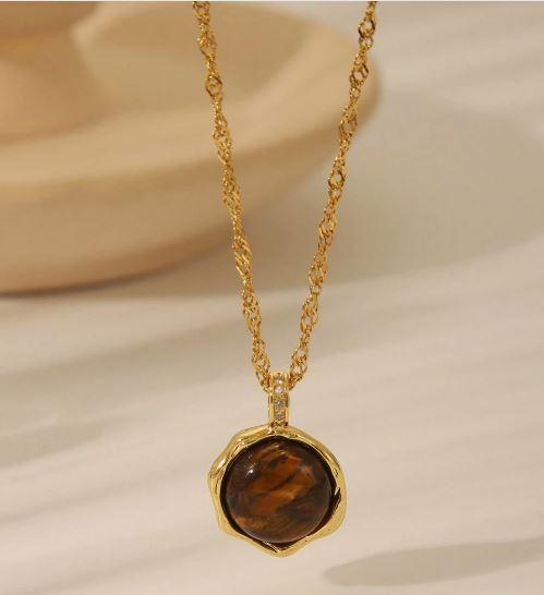 1pc Vintage Brown Gemstone Stainless Steel Pendant Necklace, Oval Sun & Heart Shape Golden Plating