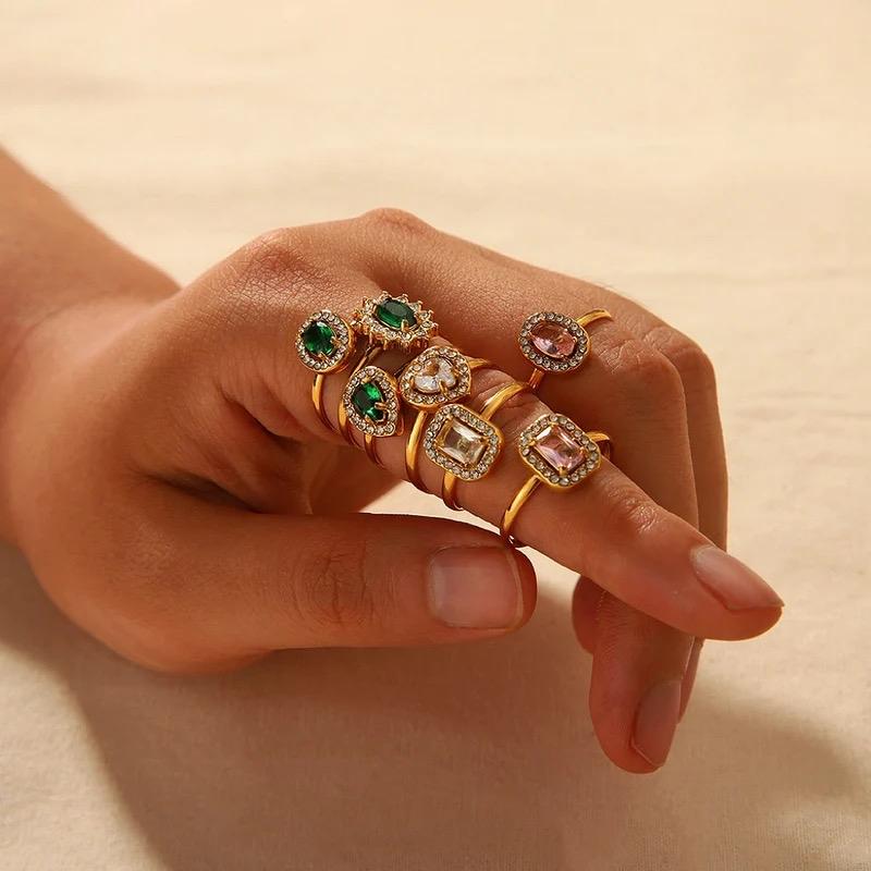 Adjustable rings Stainless Steel 18K Gold Plated Shiny Plating Inlay Square Water Droplets Heart Shape Zircon Open Ring