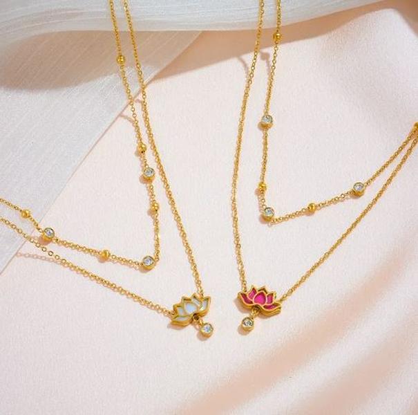 Lotus set - Stainless Steel 18K Gold Plated Flower Pendant Necklace