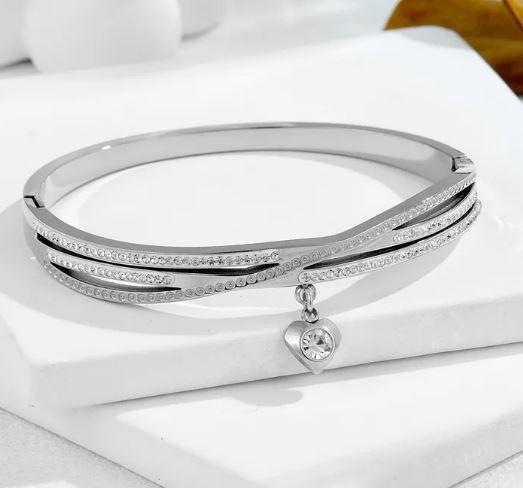 Heart Charm Bangle - Stainless Steel Zircon Bangle