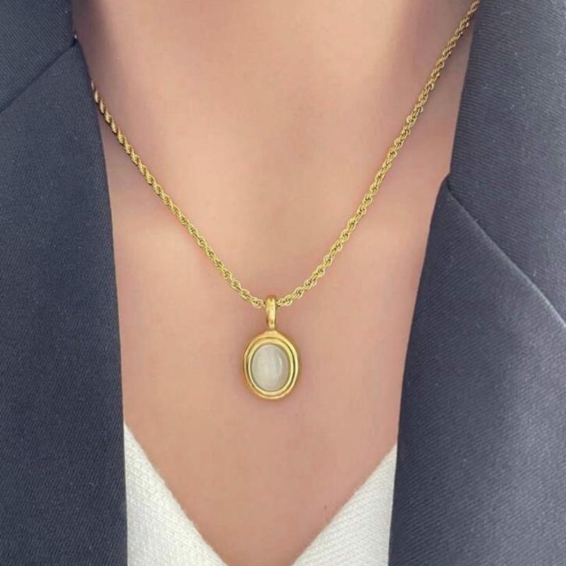 Cat Eye Necklace - Stainless Steel Rope Chain Necklace with Unique Cat Eye Stone Pendant