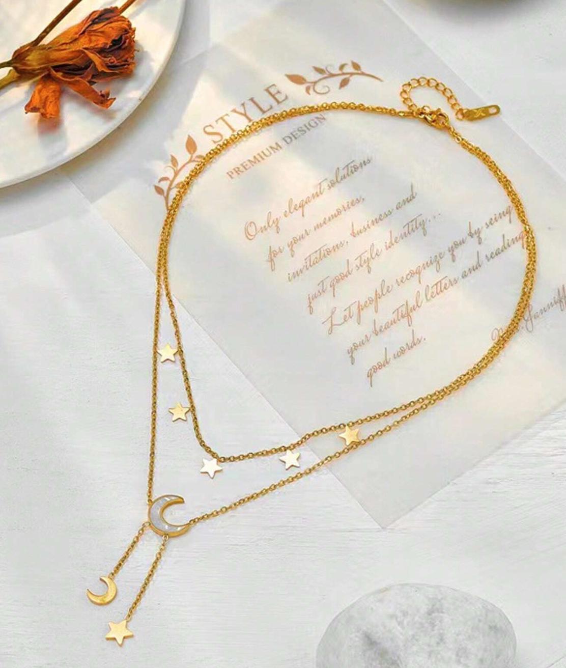 To Moon Necklace - White Shell Star & Moon Design Stainless Steel Tassel Pendant Necklace