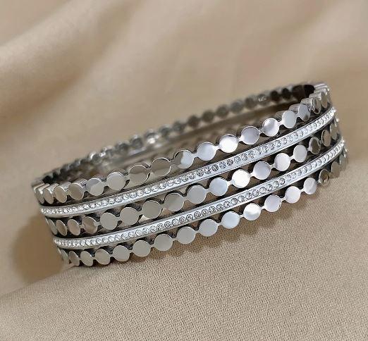 Chunk Bangle -  Stainless Steel Brangle Bracelets, Double Row Rhinestone Cuff