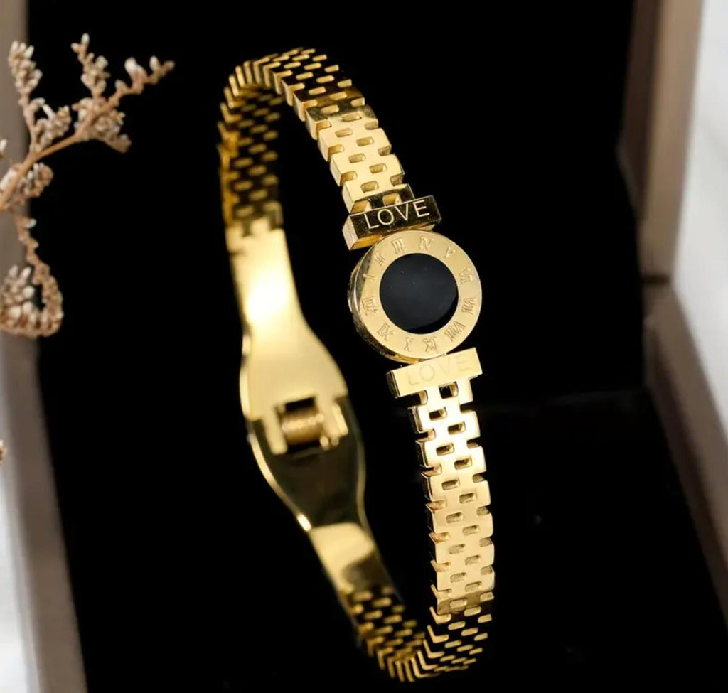 Roma Bangle - Stainless Steel Bracelet, Glittering Black Dial with Roman Numerals, Geometric Design