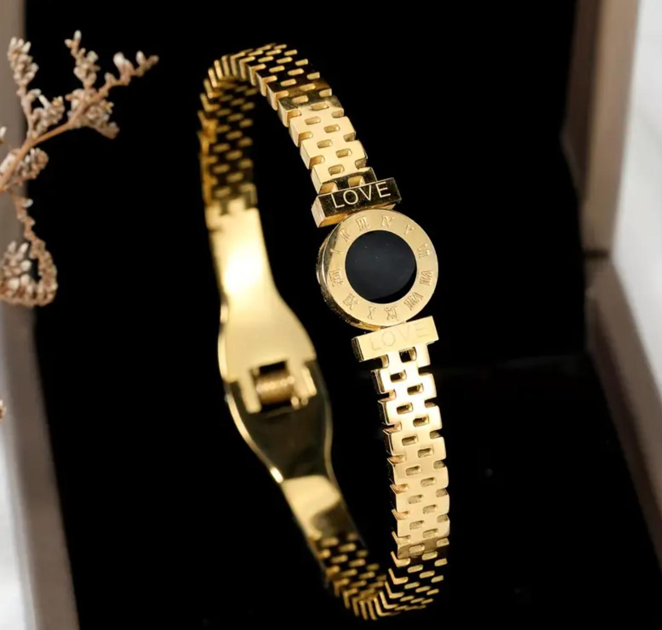 Roma Bangle - Stainless Steel Bracelet, Glittering Black Dial with Roman Numerals, Geometric Design