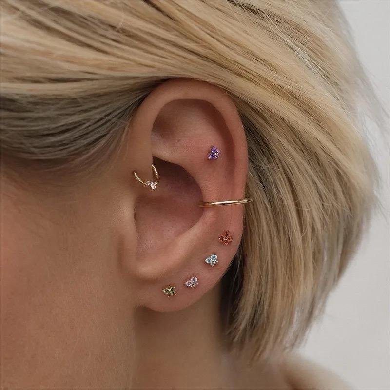 Birthstone Studs - flower studs Stainless Steel Zircon Ear ball Studs