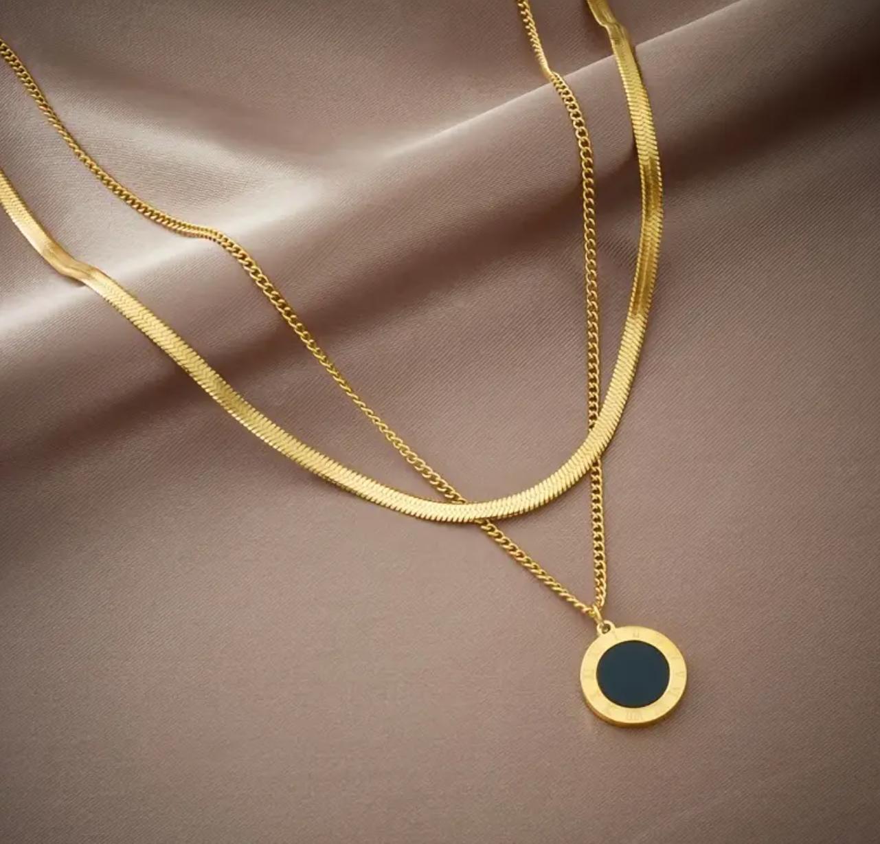 Roman 2 in 1 necklace - Golden Stainless Steel Necklace With Black Resin Inlay, Vintage Roman Numeral Coin Pendant Necklace