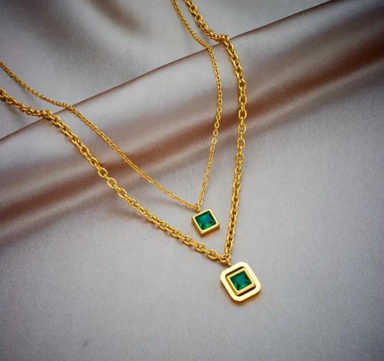 Maha Necklace - Layered Collarbone Stainless Steel Chain Necklace with Synthetic Cubic Zirconia Pendant