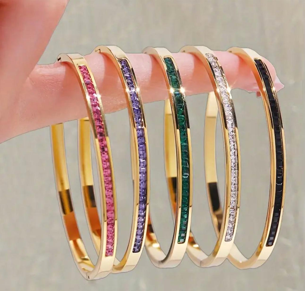 Bliss Bangles - Stainless Steel Bangle with Colorful Cubic Zirconia Chic Half Circle Design Bangle