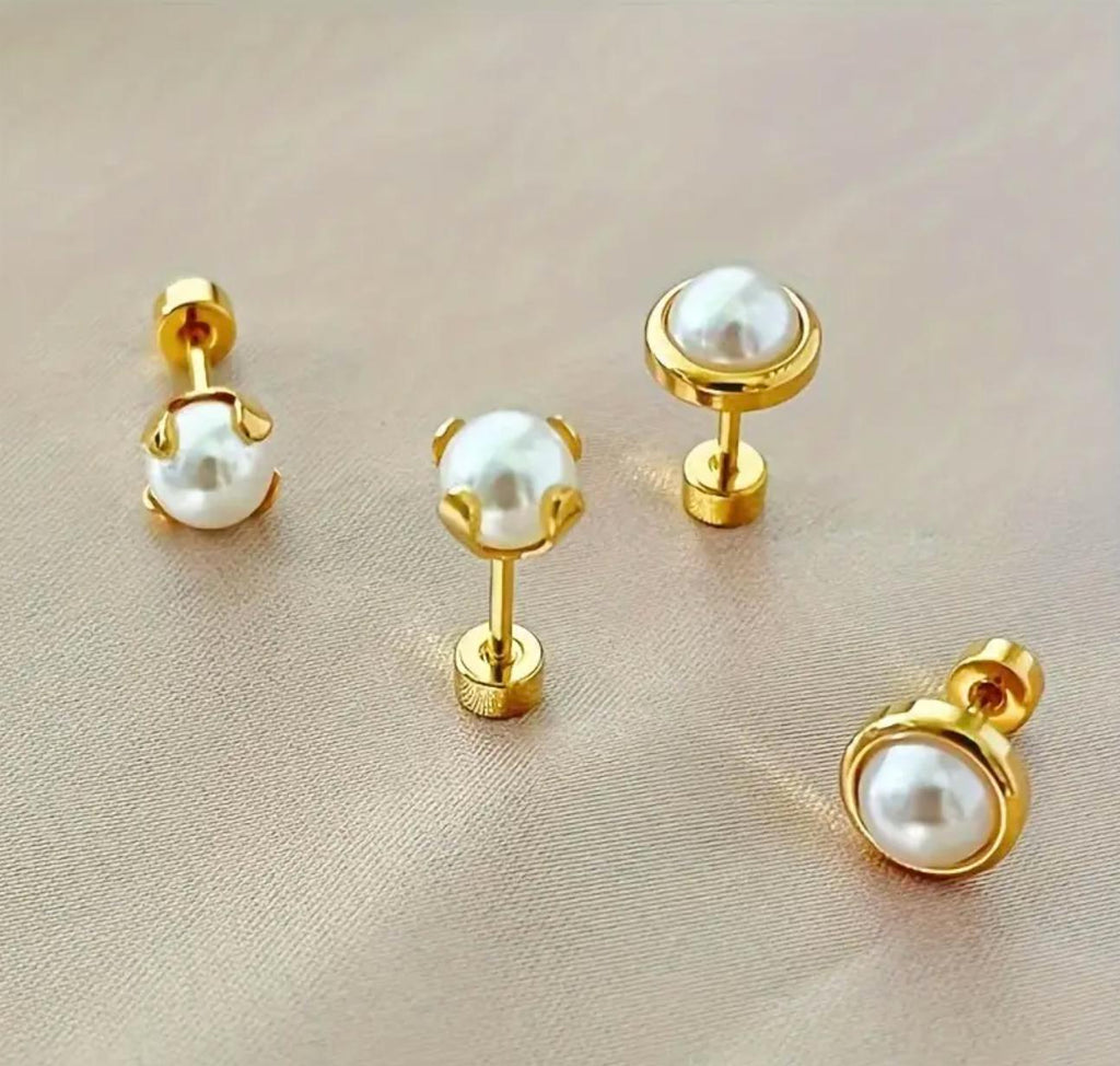 Pearl Studs - Stainless Steel Imitation Pearl Stud Earrings, Comfortable Flat Back Ear Clog for Sleeping Swimming Can Be Worn Without Taking Off