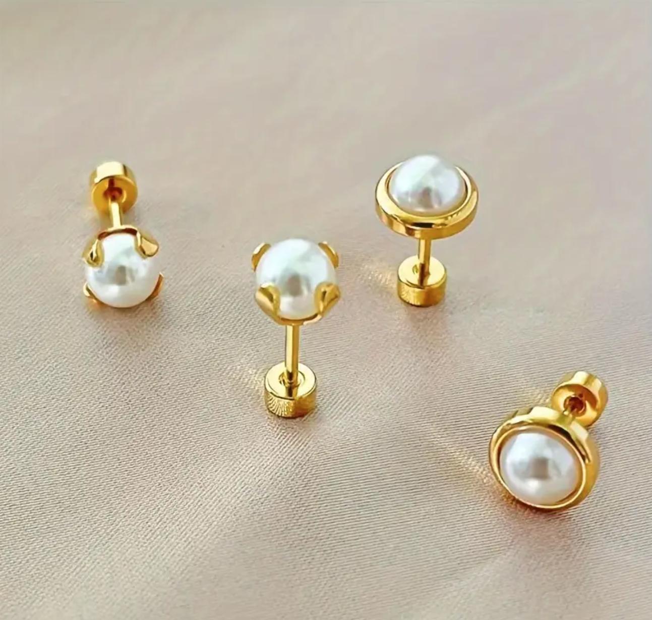 Pearl Studs - Stainless Steel Imitation Pearl Stud Earrings, Comfortable Flat Back Ear Clog for Sleeping Swimming Can Be Worn Without Taking Off