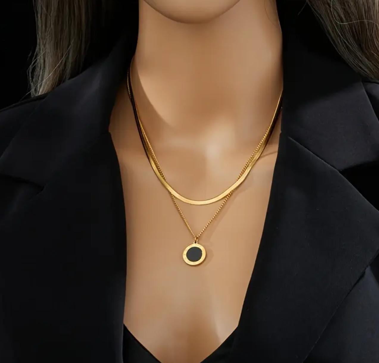 Roman 2 in 1 necklace - Golden Stainless Steel Necklace With Black Resin Inlay, Vintage Roman Numeral Coin Pendant Necklace