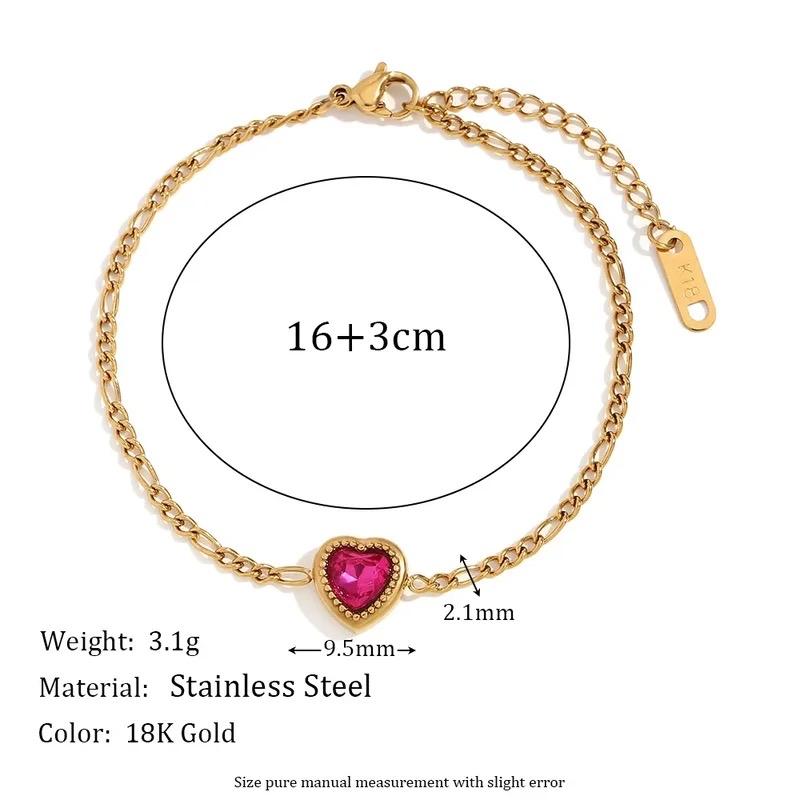 Pink heart Bracelet - stainless steel Figaro bracelet