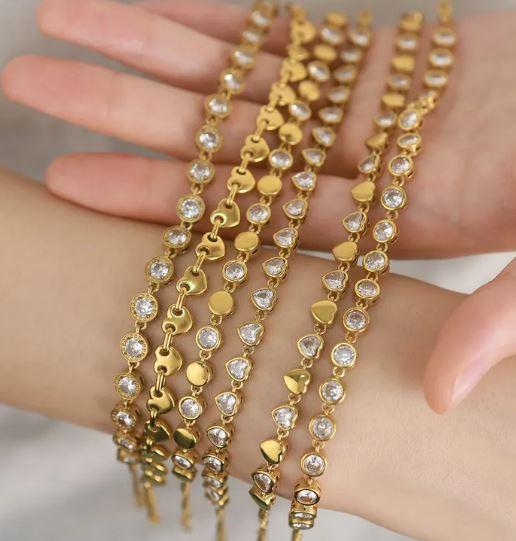 PVD Coated 18K Gold Real Gold Plated Round Heart Shape 304 Stainless Steel Sweet Shiny Waterproof Non Tarnish 304 Stainless Steel Lobster Trigger Clasp Closure Bracelets