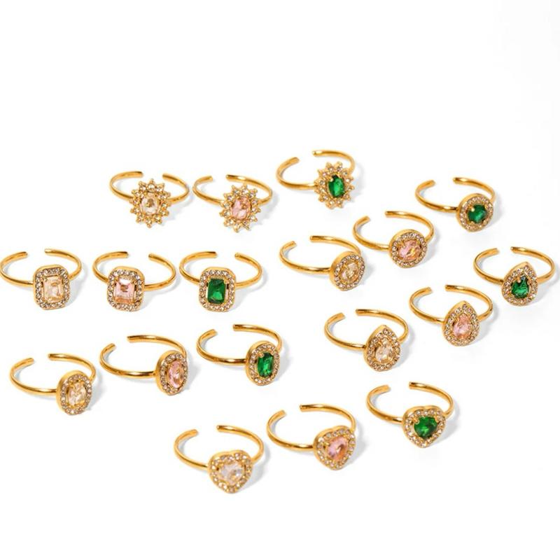 Adjustable rings Stainless Steel 18K Gold Plated Shiny Plating Inlay Square Water Droplets Heart Shape Zircon Open Ring