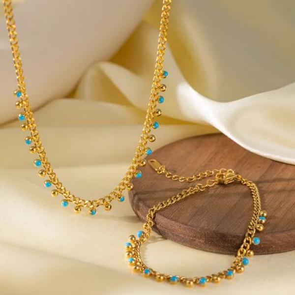 Turquoise tussle set - Stainless steel necklace bracelet set