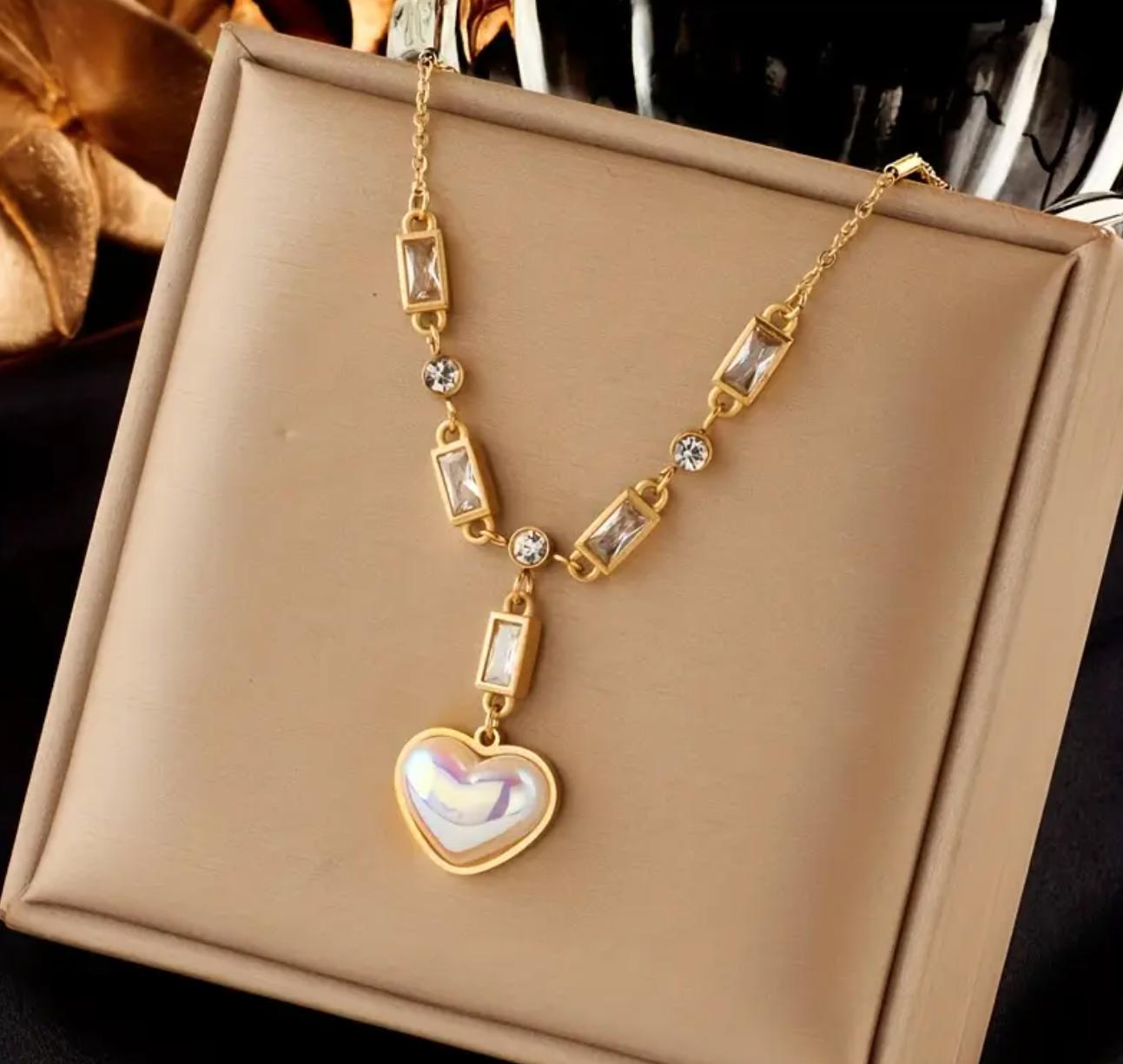 Queen Necklace - Stainless Steel Heart Pendant Necklace with Sparkling Rhinestones