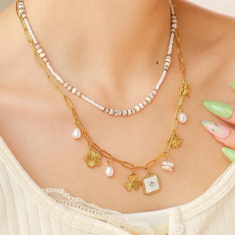 Summer Charm Necklace- Stainless Steel Zircon 18K Gold Plated Plating Inlay Multi Charms Necklace Paperclip Chain