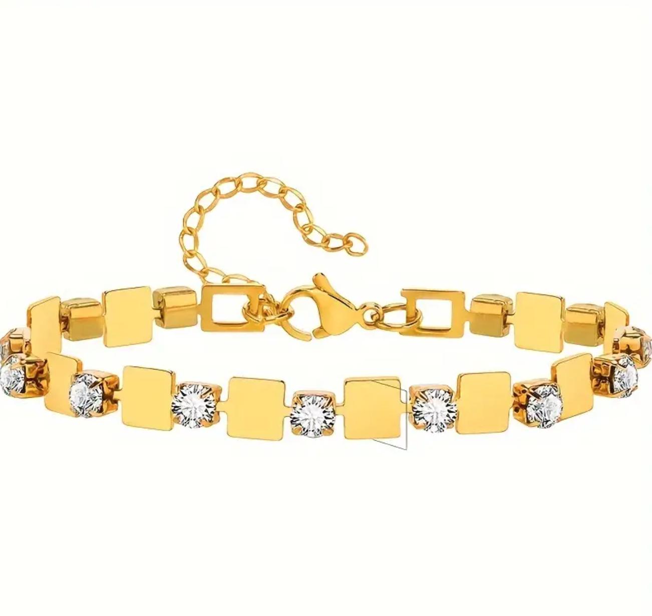Dia Square Bracelet - 18K Golden Plated Stainless Steel Bracelet with Synthetic Cubic Zirconia